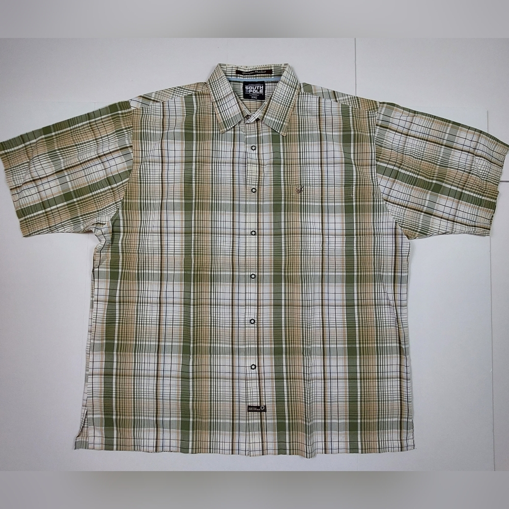 Southpole Shirt Mens Size 2XL XXL Green Brown Plaid Hexagon Product Authentic